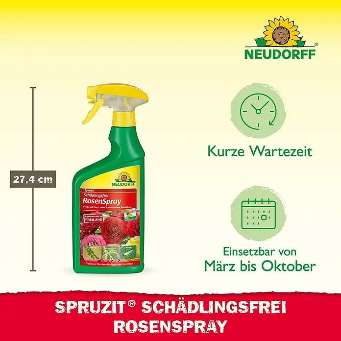 Neudorff Spruzit Schädlingsfrei RosenSpray AF - 750 ml - Abbildung des Schädlingsfrei RosenSpray von Neudorff, 27,4 cm hoch, mit Infos zur Wartezeit und Anwendbarkeit von März bis Oktober.