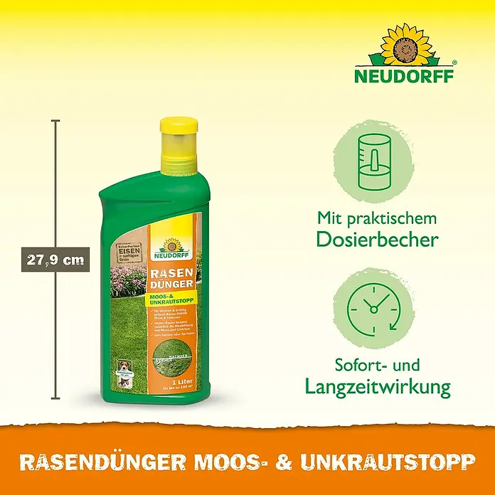 Neudorff Rasendünger Moos- & Unkrautstopp - 1,3 g, 1 l, Max. Anwendungsfläche: 100 m² - Neudorff Rasendünger Moos- & Unkrautstopp, ein Rasendünger für einen dichten und kräftigen Rasen, der Moos und Unkraut bekämpft.