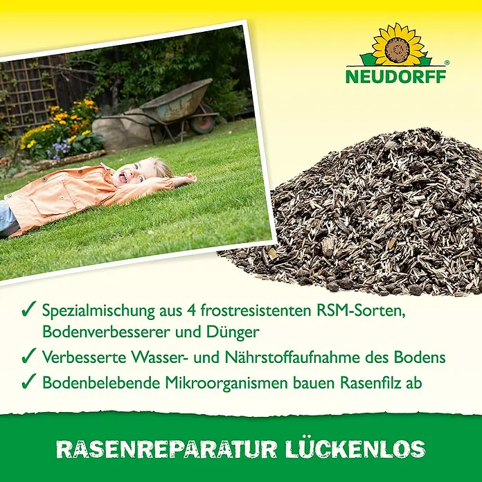 Neudorff Rasen-Reparatur LückenLos - 1,2 kg, 3 m² - Rasenreparatur Lückenlos von Neudorff, eine spezielle Mischung für einen dichten, grünen Rasen.