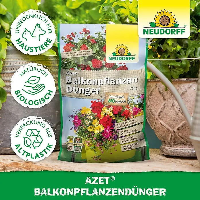 Neudorff Azet Balkonpflanzendünger - 750 g - Produktaufnahme von Neudorff Azet Balkonpflanzendünger, einem organischen Dünger für Balkonpflanzen, der für Haustiere unbedenklich ist.