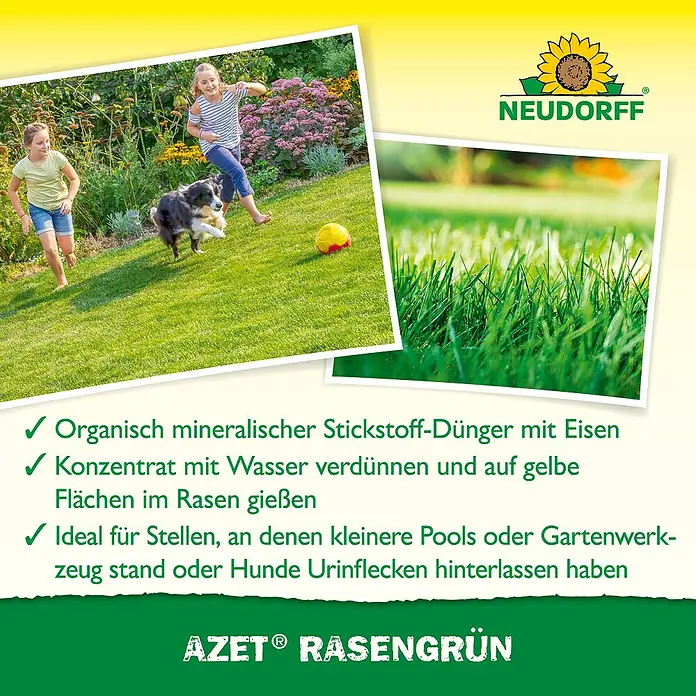 Neudorff Azet Rasendünger - 318 g, 250 ml, Max. Anwendungsfläche: 10 m² - Neudorff AZET Rasengrün, ein organischer mineralischer Stickstoff-Dünger mit Eisen, der gelbe Rasenflächen wieder grün macht.