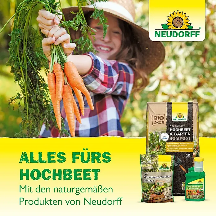 Neudorff Azet Hochbeetdünger - 1 l - Werbung für Neudorff-Produkte für Hochbeete, mit Kompost, Dünger und Schädlingsbekämpfung, präsentiert von einem lachenden Kind.