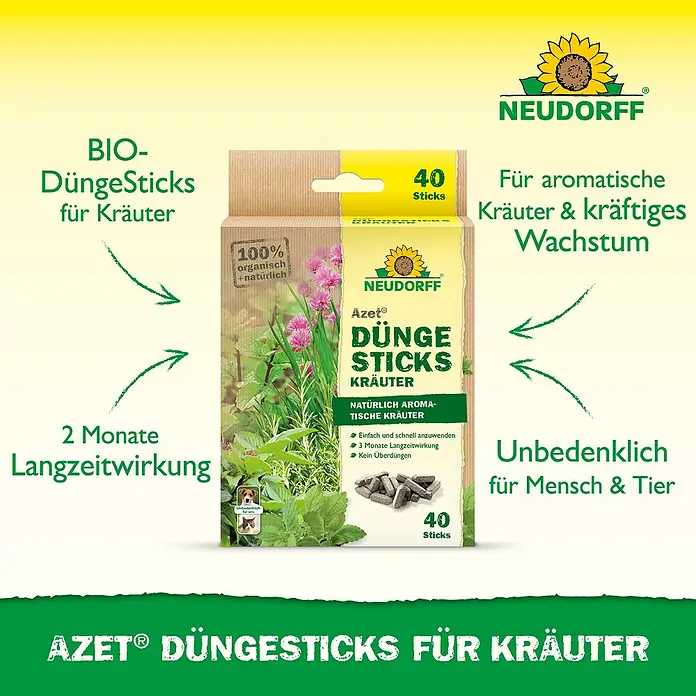 Neudorff Azet Düngestäbchen Kräuter - 40 Stk. - Neudorff Azet® Bio-DüngeSticks für Kräuter, 40 Stück in einer gelb-braunen Kartonverpackung.