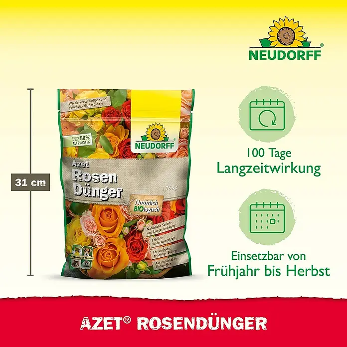Neudorff Azet Rosendünger - 1,75 kg - Abbildung einer Packung Neudorff Azet Rosendünger, einem organischen Dünger für Rosen, der für üppige Blüten sorgt.