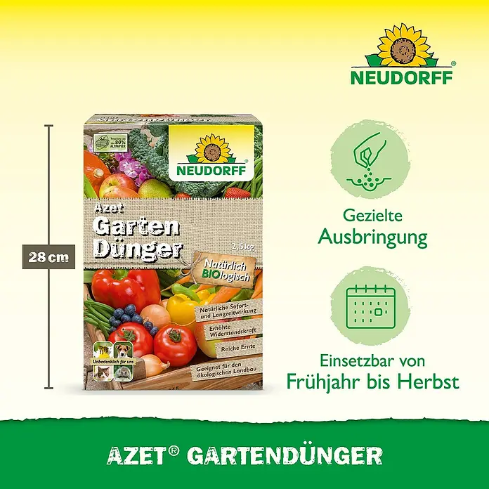 Neudorff Azet Universaldünger - 2,5 kg - Bild eines Azet Gartendünger-Produktpakets, das für den Einsatz vom Frühjahr bis zum Herbst beworben wird.