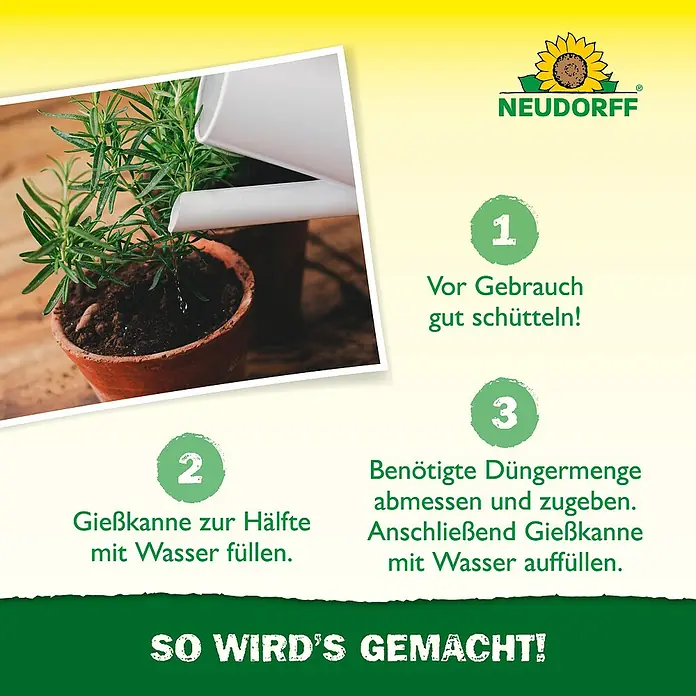 Neudorff Azet Kräuterdünger - 250 ml - Bild von Neudorff-Produkten, das die Anwendung des Produkts zeigt.