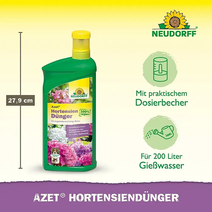 Neudorff Azet Hortensiendünger - 1 l - Produktbild eines "Azet Hortensien Dünger", einem veganen Flüssigdünger für langanhaltend prächtige Hortensienblüten.