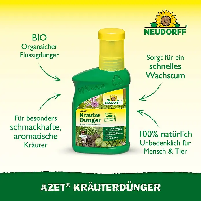 Neudorff Azet Kräuterdünger - 250 ml - Abbildung einer Flasche Neudorff Azet Kräuterdünger, einem Bio-Flüssigdünger für schmackhafte, aromatische Kräuter, 100% natürlich und vegan.