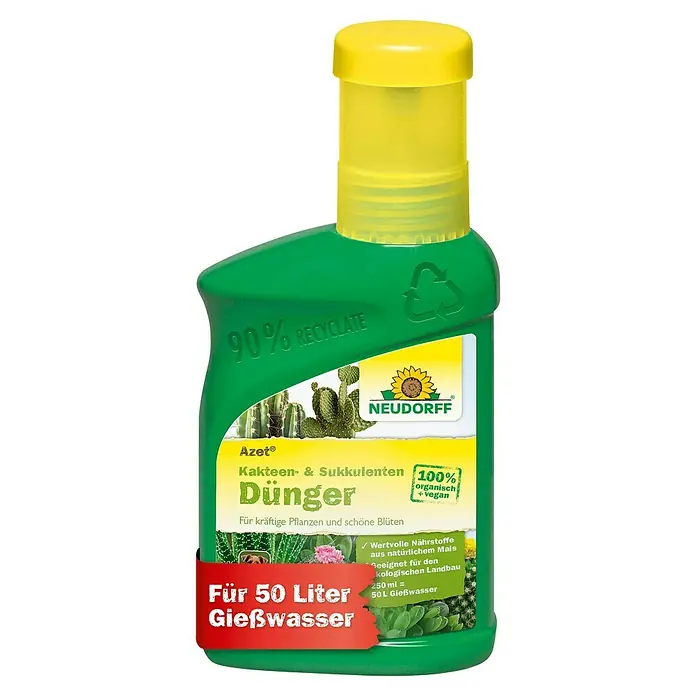Neudorff Azet Kakteendünger - 250 ml - Grüne Plastikflasche mit gelbem Deckel, etikettiert als organischer Kakteen- & Sukkulentendünger. 250ml für 50L Gießwasser.