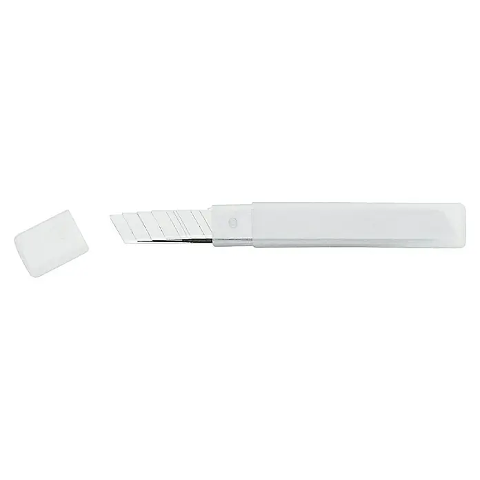 3 Claveles Juego de cuchillas de repuesto - Largo: 9 mm, 10 ud. - Cúter blanco con hojas segmentadas y tapa protectora transparente separada.