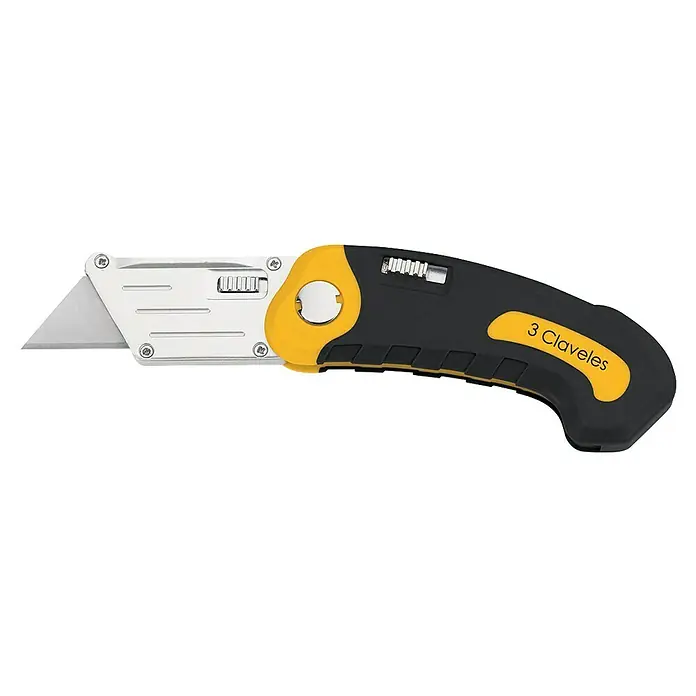 3 Claveles Cuchillo cúter - Largo: 10 cm, Negro/Amarillo - Imagen de un cúter de 3 Claveles. El cúter tiene un protector de cuchilla retráctil y un mango amarillo y negro.
