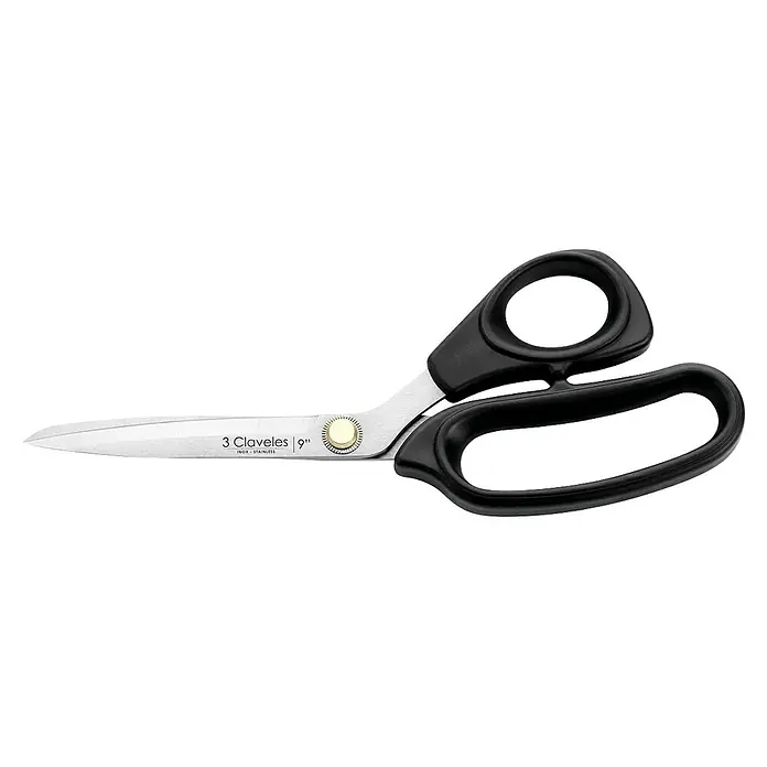 3 Claveles Tijera universal multiusos - Longitud de corte: 9 ", Acero inoxidable, Negro - Tijeras de sastre con mango negro, hojas de acero inoxidable y tornillo dorado, de 9 pulgadas.