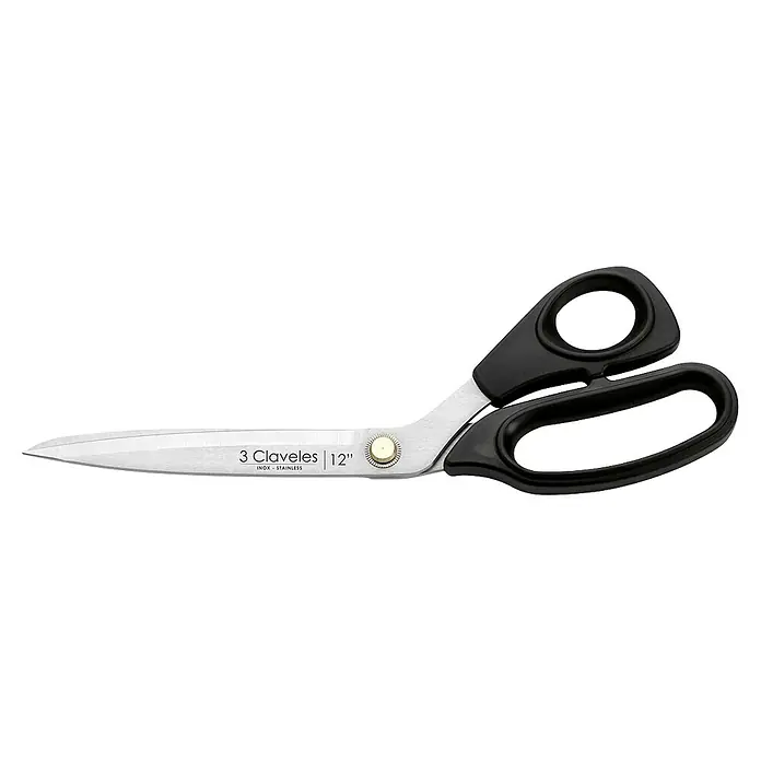 3 Claveles Tijera universal multiusos - Longitud de corte: 12 ", Acero inoxidable, Negro - Tijeras grandes de acero inoxidable de 12 pulgadas con mangos negros y un tornillo pivotante dorado.