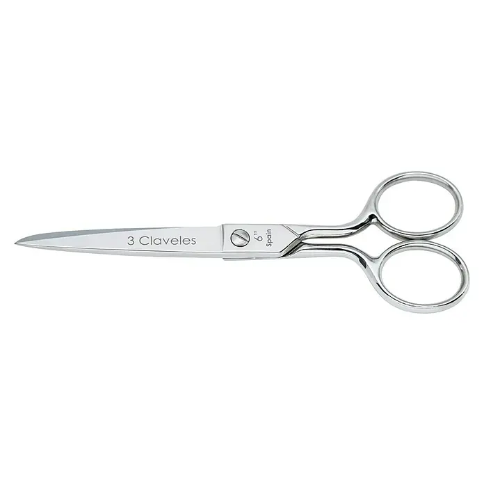 3 Claveles Tijera universal multiusos - Longitud de corte: 6 ", Acero - Tijeras de metal plateado con "3 Claveles", "6''" y "Spain" grabados en la hoja.