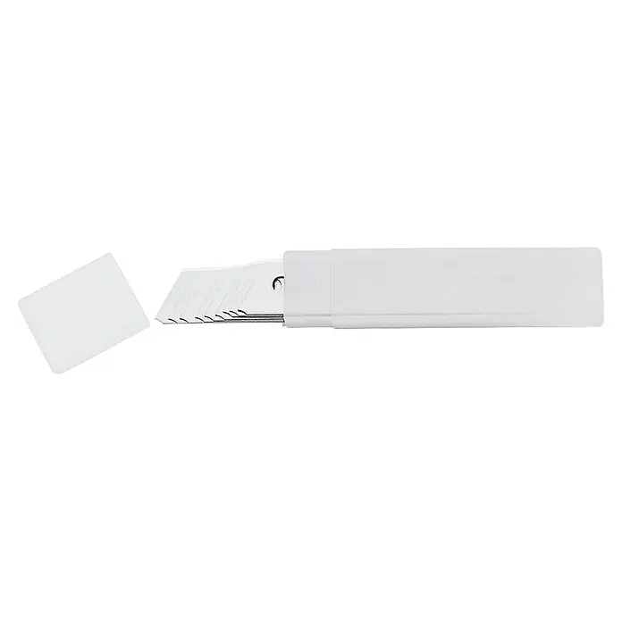 3 Claveles Juego de cuchillas de repuesto - Largo: 18 mm, 10 ud. - Pila de cuchillas de cúter nuevas en un estuche de plástico blanco translúcido.