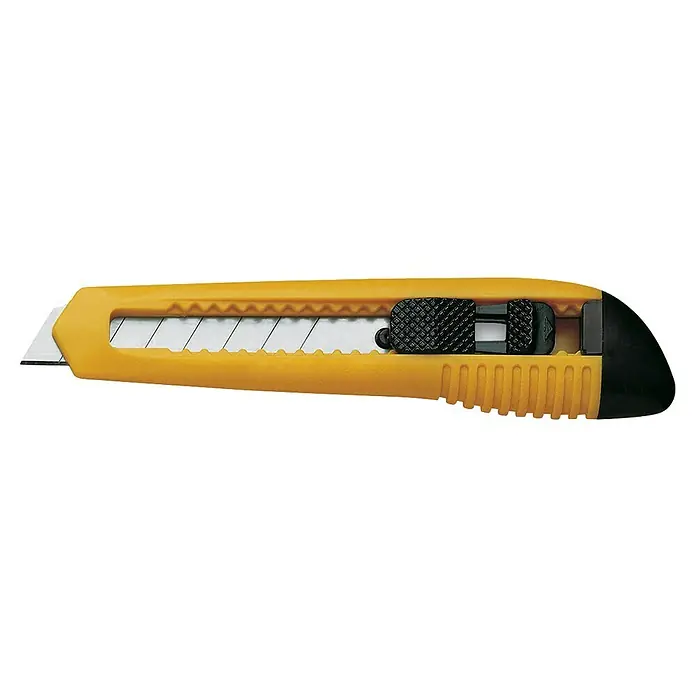 3 Claveles Cuchillo cúter - Largo: 15 cm - Cúter amarillo con cursor negro y pieza final, perfecto para cortes precisos en diversos materiales. Ideal para manualidades.