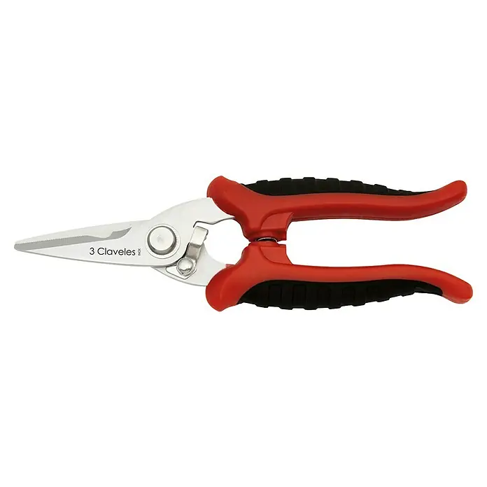 3 Claveles Tijera universal - Longitud de corte: 7 ", Acero inoxidable - Tijeras multiusos de mango rojo y negro con hojas dentadas de acero inoxidable, ideales para cocina o jardín.