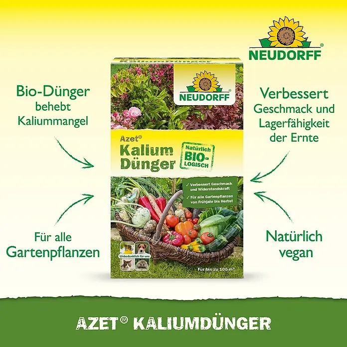 Neudorff Azet Kaliumdünger - 2 kg - NEUDORFF Azet Kaliumdünger für Gartenpflanzen, verbessert Geschmack und Haltbarkeit, natürlich vegan und sicher für Haustiere.
