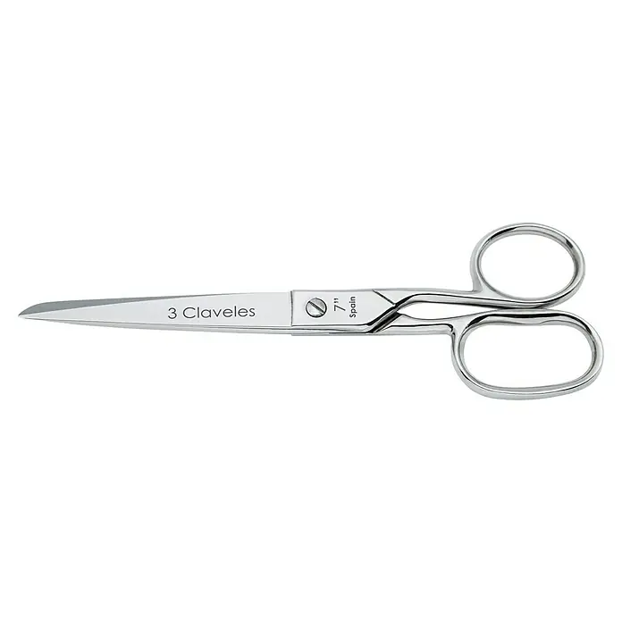 3 Claveles Tijera universal multiusos - Longitud de corte: 7 ", Acero - Tijeras plateadas 3 Claveles de 7 pulgadas de España, de metal pulido, diseñadas para un corte preciso.