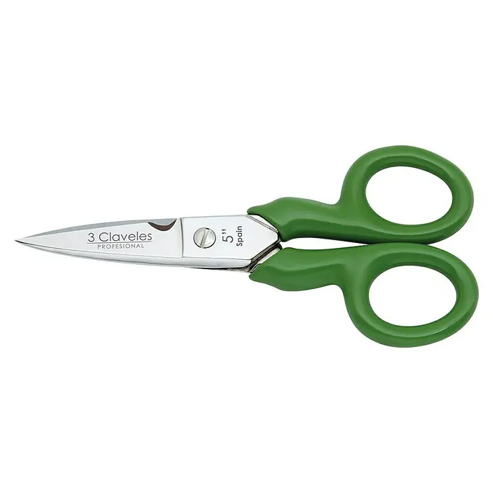 3 Claveles Tijera universal - Longitud de corte: 5 ", Acero - Tijeras con mangos verdes y hojas metálicas brillantes, tornillo de pivote visible y detalles de marca impresos.