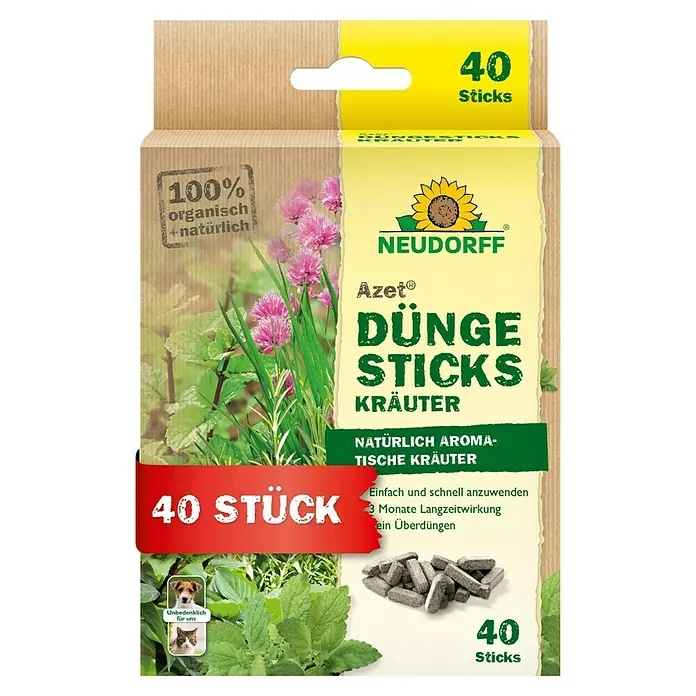 Neudorff Azet Düngestäbchen Kräuter - 40 Stk. - Braune/gelbe Neudorff Azet Bio-Dünger-Sticks für Kräuter, 40 Stück, sicher für Haustiere.
