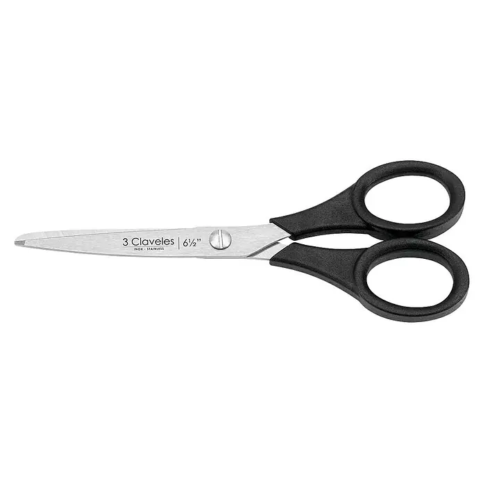 3 Claveles Tijera universal multiusos - Longitud de corte: 6,5 ", Acero inoxidable - Tijeras de acero inoxidable con mangos de plástico negro, de 6 1/2 pulgadas de largo.