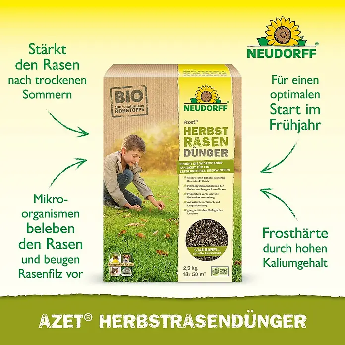 Neudorff Azet Herbstrasendünger - 2,5 kg, Max. Anwendungsfläche: 50 m² - Eine Packung Neudorff Azet Herbstrasendünger, von einem Kind auf einem Rasen ausgebracht.