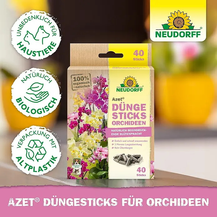 Neudorff Azet Düngestäbchen Orchideen - 40 Stk. - Bild einer Packung Neudorff Azet Düngestäbchen für Orchideen, natürlich und biologisch, mit Blumenbild und Logos.