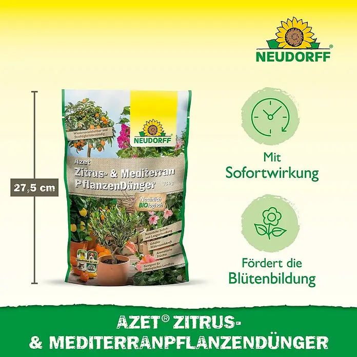 Neudorff Azet Mediterranpflanzen-Dünger - 750 g - Produktabbildung eines 750g-Beutels Neudorff Azet Zitrus- & Mediterran Pflanzendünger, der Sofortwirkung und Blütenbildung verspricht.
