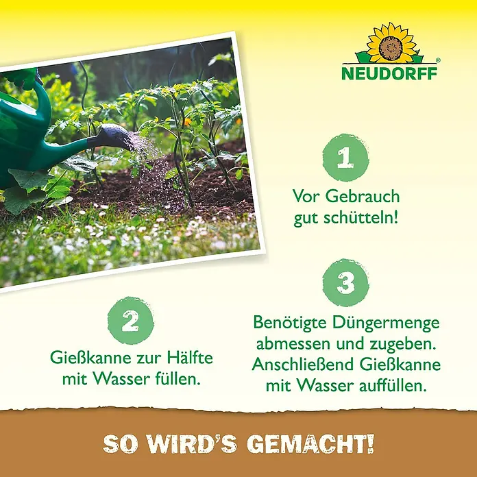 Neudorff Azet Universaldünger - 1,3 g, 1 l - Grüne Gießkanne bewässert Pflanzen. Anleitung: Schütteln, Kanne halb mit Wasser füllen, Dünger zugeben, dann mit Wasser auffüllen. Neudorff Logo.