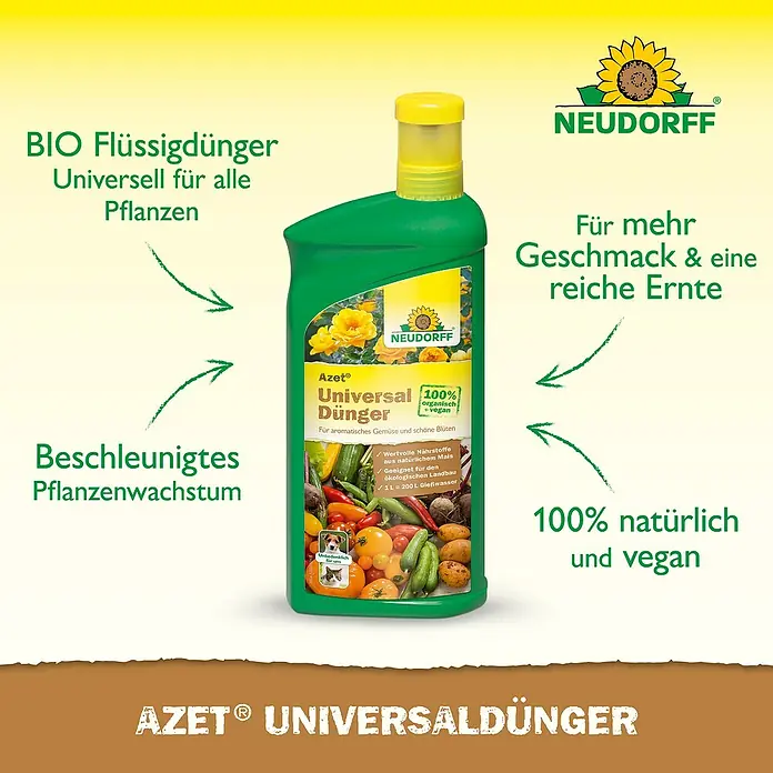 Neudorff Azet Universaldünger - 1,3 g, 1 l - Grüne Flasche Neudorff Azet Universal Flüssigdünger mit gelbem Deckel und farbigem Etikett mit Gemüse und Blumen.
