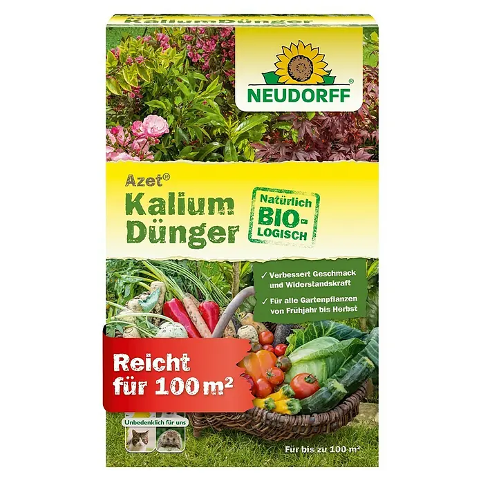 Neudorff Azet Kaliumdünger - 2 kg - Neudorff Azet Kalium Dünger Verpackung. Bio-Kaliumdünger. Verbessert Geschmack & Widerstandskraft für Gartenpflanzen. Reicht für 100m², unbedenklich für Haustiere.