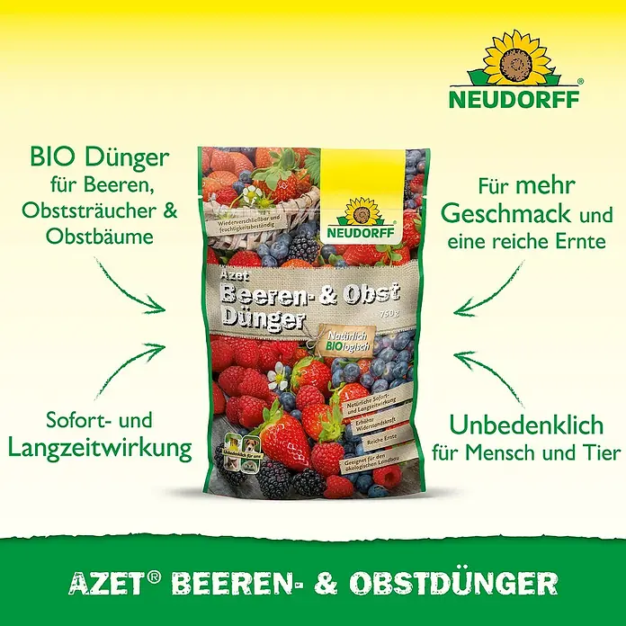 Neudorff Azet Beeren- & Obst-Dünger - 750 g - Produktbild: Neudorff Azet Beeren- & Obstdünger, ein organischer Bio-Dünger für Beeren, Obststräucher und Obstbäume, der für reiche Ernte sorgt.