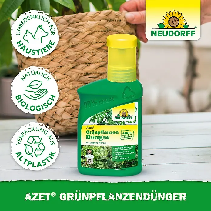 Neudorff Azet Grünpflanzendünger - 325 kg, 250 ml - Grüne Flasche Neudorff Azet Grünpflanzendünger mit gelbem Deckel für Zimmerpflanzen, auf einem Tisch neben einer Pflanze.
