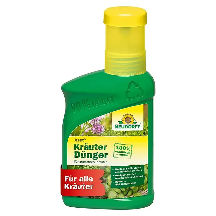 Neudorff Azet Kräuterdünger - 250 ml - Kräuterdünger von Neudorff in einer grünen Flasche mit gelbem Verschluss. Der Dünger ist für alle Kräuter geeignet, 100% organisch und vegan.