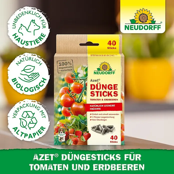 Neudorff Azet Grünpflanzen-Düngestäbchen Tomaten und Erdbeeren - 40 Stk. - Produktbild von Neudorff Azet Düngesticks für Tomaten und Erdbeeren, organisch und haustierfreundlich.
