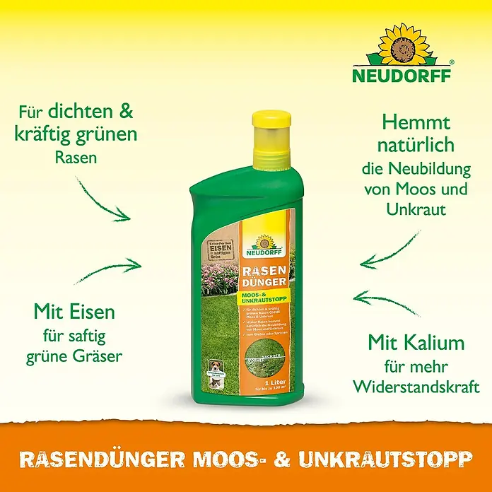 Neudorff Rasendünger Moos- & Unkrautstopp - 1,3 g, 1 l, Max. Anwendungsfläche: 100 m² - Produktfoto von Neudorff Rasendünger Moos- & Unkrautstopp für einen dichten, grünen Rasen ohne Moos und Unkraut, mit Eisen und Kalium.