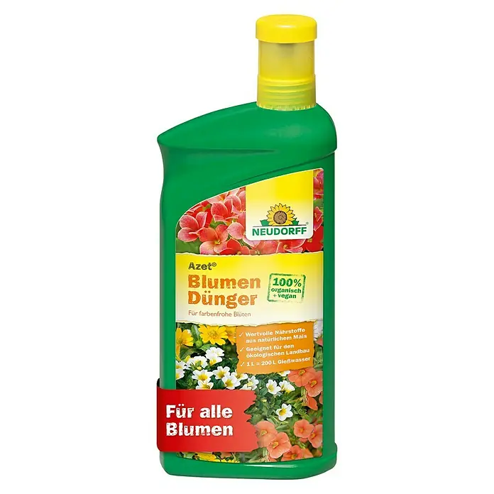 Neudorff Azet Blühpflanzendünger - 1 l - Abbildung einer Flasche Neudorff Azet Blumendünger, einem organischen und veganen Flüssigdünger für farbenfrohe Blüten.