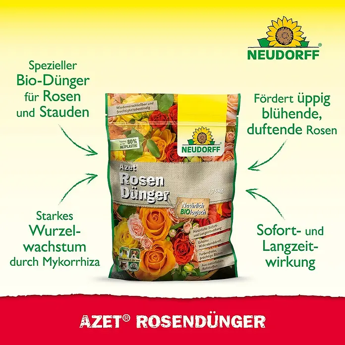 Neudorff Azet Rosendünger - 1,75 kg - Abbildung einer Packung Neudorff Azet Rosendünger, ein spezieller organischer Dünger für Rosen und Stauden, der üppige Blüten fördert.