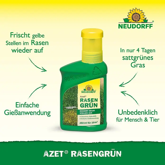Neudorff Azet Rasendünger - 318 g, 250 ml, Max. Anwendungsfläche: 10 m² - Grüne NEUDORFF Azet Rasengrün Flasche mit gelbem Verschluss zur Rasenpflege.