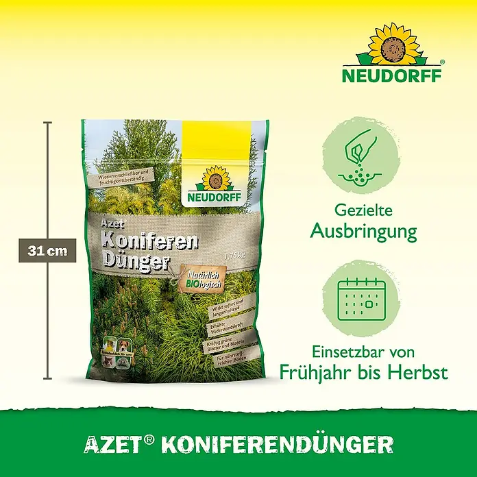 Neudorff Azet Tannen- & Koniferendünger - 1,75 kg - 31 cm hoher Beutel Neudorff Azet Koniferendünger (1,75 kg), mit Text über organische Zusammensetzung und Pflanzennutzen.