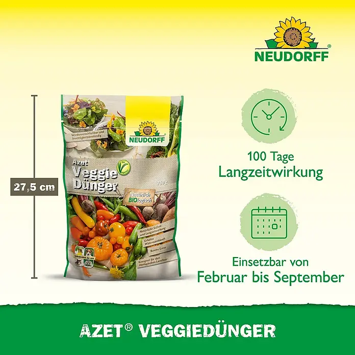 Neudorff Azet Bio-Gartendünger Azet Veggie - 750 g - Das Bild zeigt eine Packung Neudorff Azet VeggieDünger, einen organischen Langzeitdünger für Gemüse, der von Februar bis September eingesetzt werden kann.