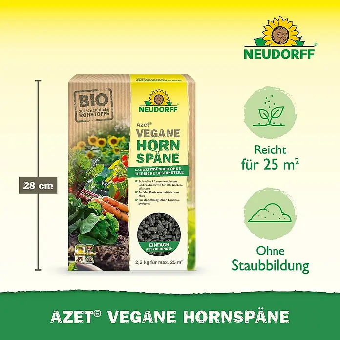 Neudorff Azet Bio-Hornspäne Vegan - 2,5 kg - Neudorff Azet Vegane Hornspäne Dünger (2,5 kg, 28 cm hoch) für 25m², fördert Pflanzenwachstum ohne Staub.