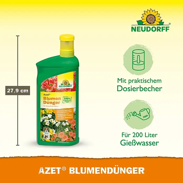 Neudorff Azet Blühpflanzendünger - 1 l - Produktbild des Azet® Blumendüngers von Neudorff, einem organischen Flüssigdünger für farbenfrohe Blüten, in einer grünen Flasche.