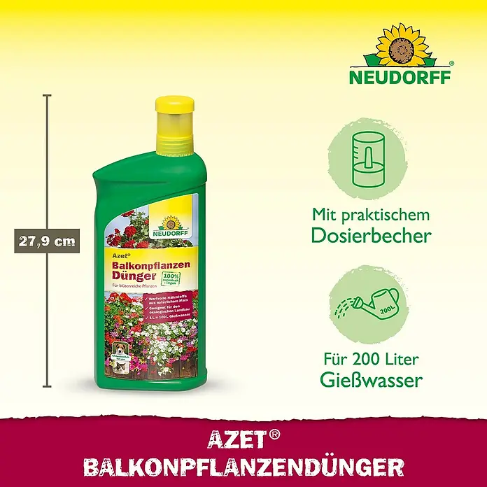 Neudorff Azet Flüssigdünger Balkonpflanzen - Geeignet für: Balkonpflanzen - Grüne Neudorff Azet Balkonpflanzendüngerflasche, 27,9 cm hoch, 100% bio, mit Dosierbecher, für 200L.