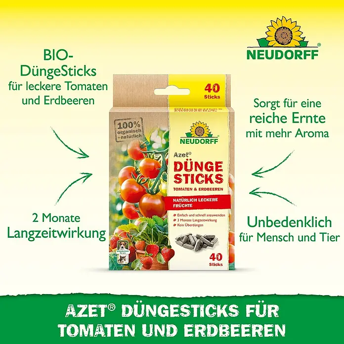 Neudorff Azet Grünpflanzen-Düngestäbchen Tomaten und Erdbeeren - 40 Stk. - Neudorff Azet Düngestäbchen für Tomaten und Erdbeeren, 100% organisch, sorgt für reiche Ernte mit mehr Aroma. Unbedenklich für Mensch und Tier.