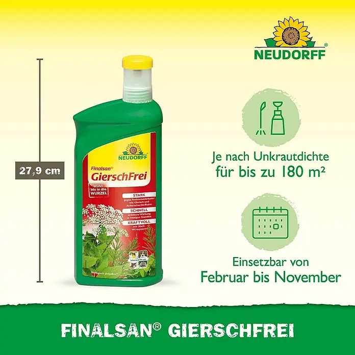 Neudorff Finalsan Gierschfrei - 1 l - Produktabbildung von Finalsan GierschFrei, einem Unkrautbekämpfungsmittel von Neudorff mit einer Höhe von 27,9 cm, anwendbar bis 180 m².
