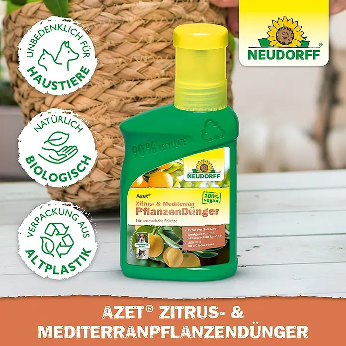 Neudorff Azet Zitrusdünger - 250 ml - Produktfoto: AZET® Zitrus- & Mediterranpflanzendünger von Neudorff, vegan, für aromatische Früchte, umweltfreundliche Verpackung.