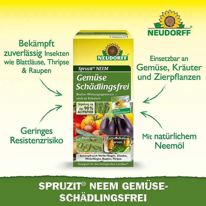 Neudorff Spruzit Schädlingsfrei Neem Gemüse - 30 ml - Produktbild von Spruzit® NEEM Gemüse Schädlingsfrei, einem Schädlingsbekämpfungsmittel für Gemüse, Kräuter und Zierpflanzen.