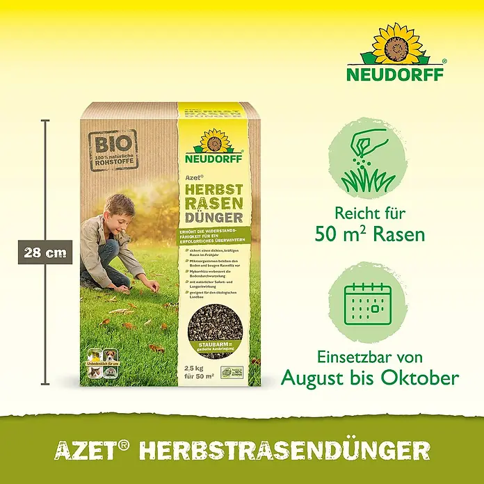 Neudorff Azet Rasendünger - 2,5 kg, Max. Anwendungsfläche: 50 m² - Azet Herbst Rasendünger, 2,5 kg, in einer braunen Kartonverpackung mit grünen Akzenten, geeignet für 50 m² Rasenfläche, nutzbar von August bis Oktober.